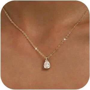 Gold Necklace for Women 14K Gold Plated Dainty Pendant CZ Teardrop Charm Necklac